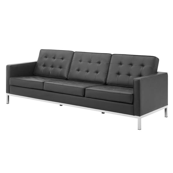 Contemporary Modern Urban Designer Living Room Lounge Club Lobby Sofa, Faux Vinyl Leather Metal Steel, Black Silver