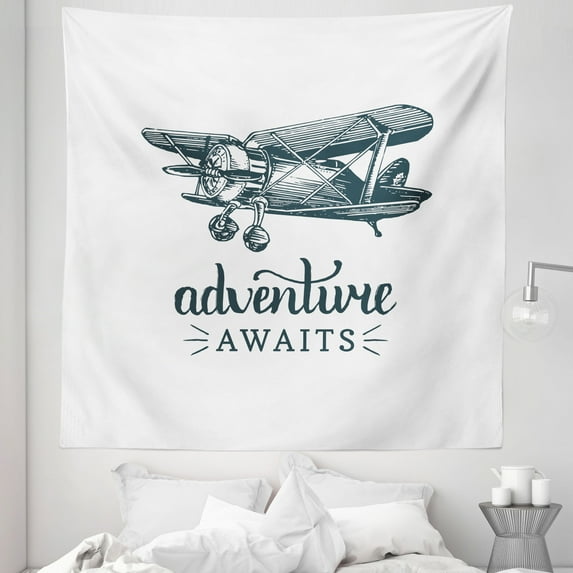 Saying Tapestry, Vintage Airplane with Typography Aviation and Adventure Theme Print, Fabric Wall Hanging Decor for Bedroom Living Room Dorm, 5 Sizes, Dark Petrol Blue and White, by Ambesonne