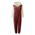 thumbnail image 5 of Jinhomg Soft Fleece Onesies for Women Cute Block Color Bear Ear Hooded Jumpsuit Fall Winter Fuzzy Comfy Long Sleeve One Piece Pajamas Wine XXXL, 5 of 7