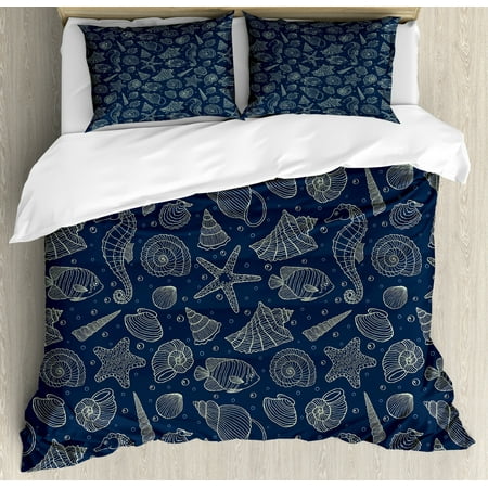Sea Shells Duvet Cover Set Monochrome Marine Elements With Dotted