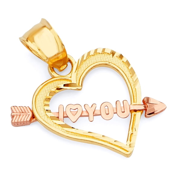 Wellingsale 14K Two 2 Tone Rose and Yellow Gold Polished Diamond Cut Ornate "I Love You" Heart Charm Pendant with Cupid Arrow