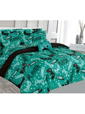 Game player blue print design Bed in Bag comforter & sheet set of 6 piece in twin size super soft fade resistant for girls, boys room dcor