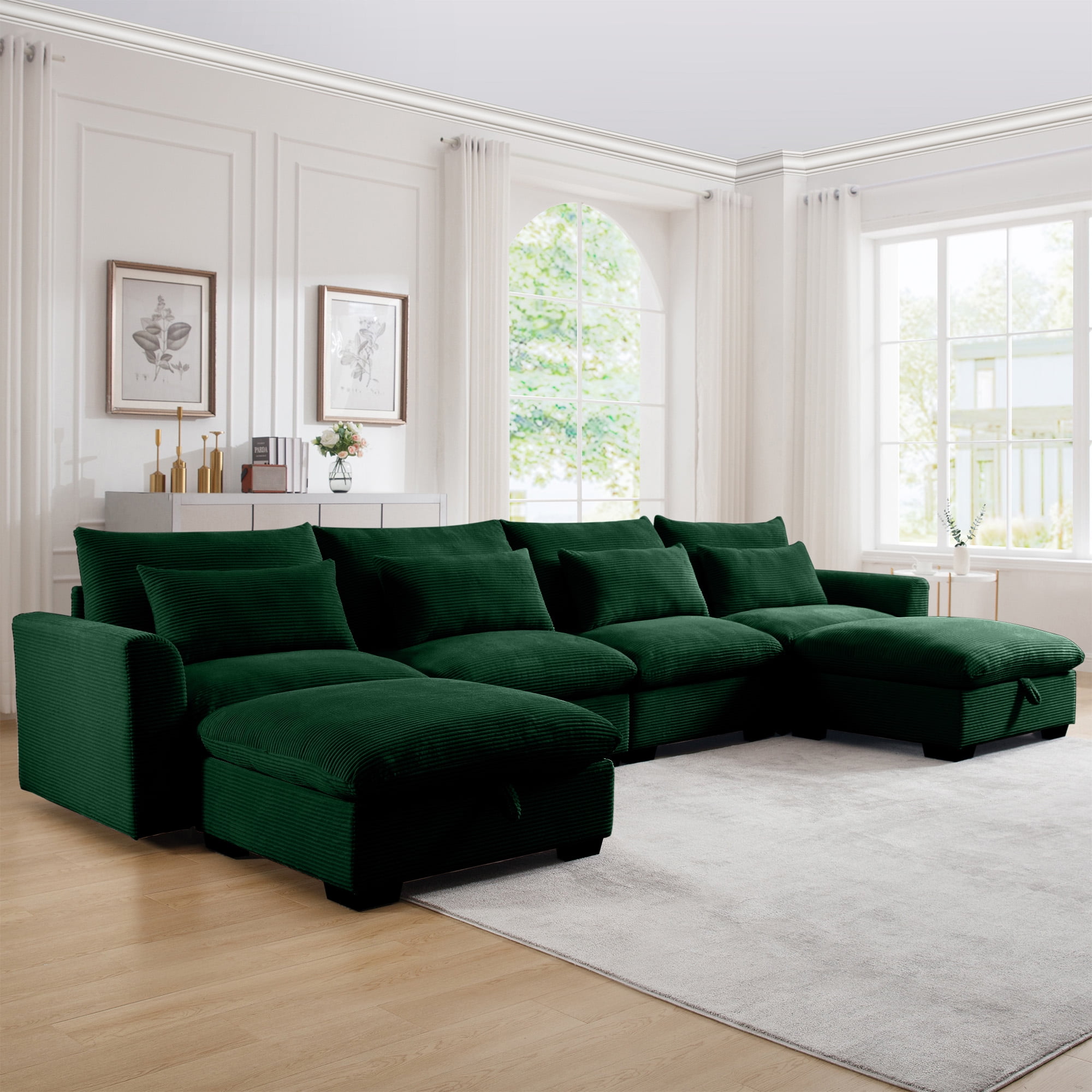 Gewnee Modular Deep Seat 157.5"Corduroy Sectional Sofa 4 Seats L Shape With 2 Storage Ottomans, Cloud Couch Oversize Sofa Couch for Living Room