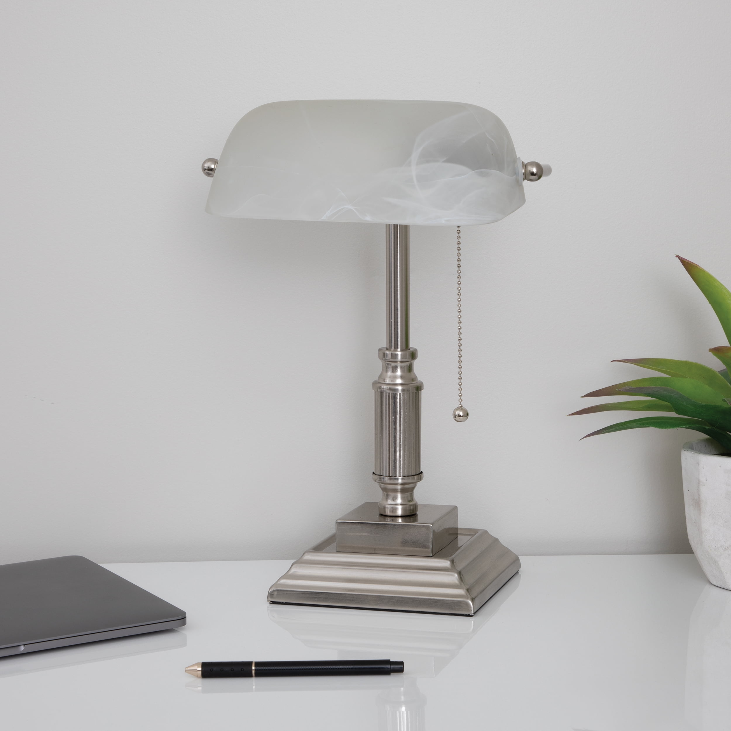 V-Light 14.8 inch Brushed Nickel LED Bankers Lamp with Frosted Shade