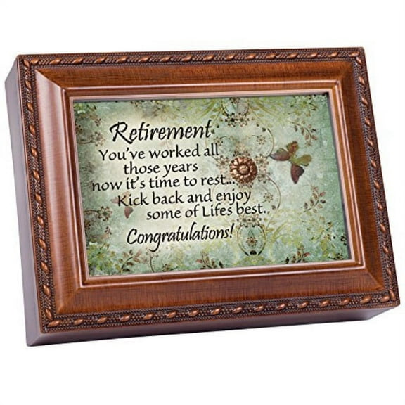 Retirement Worked Hard Those Years Woodgrain Rope Trim Jewelry Music Box Plays Wonderful World