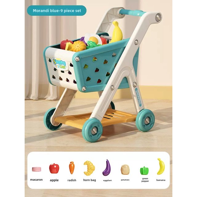 Kids' Pretend Play Shopping Cart Set with Fruit Cutting Toys - 9-Piece Morandi Blue Trolley Made of Safe ABS Material for Boys & Girls, Promotes Interactive Learning, Parent-Child Bonding, and
