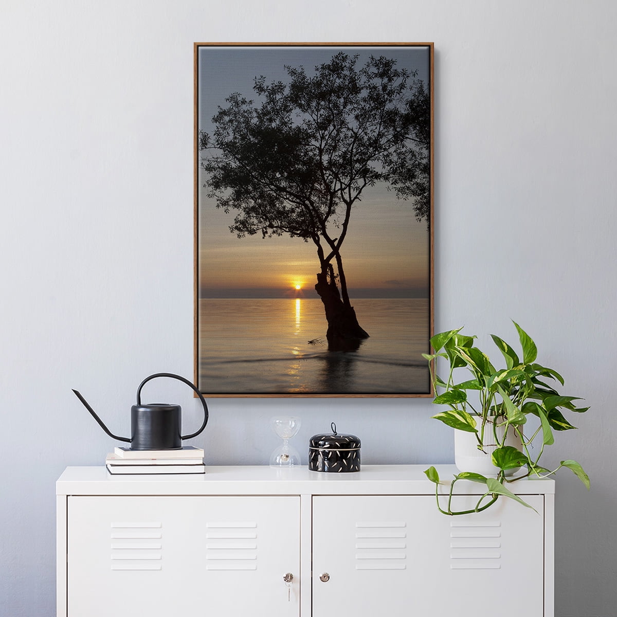 Sunset Silhouette Framed Premium Gallery Wrapped Canvas - Ready to Hang - 17 x 25 - Walnut Floating Frame