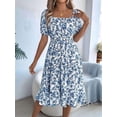 thumbnail image 6 of Women Off Shoulder Dress Floral Puff Sleeve Knee-Length A-Line Square-Neck Dresses Blue L, 6 of 9