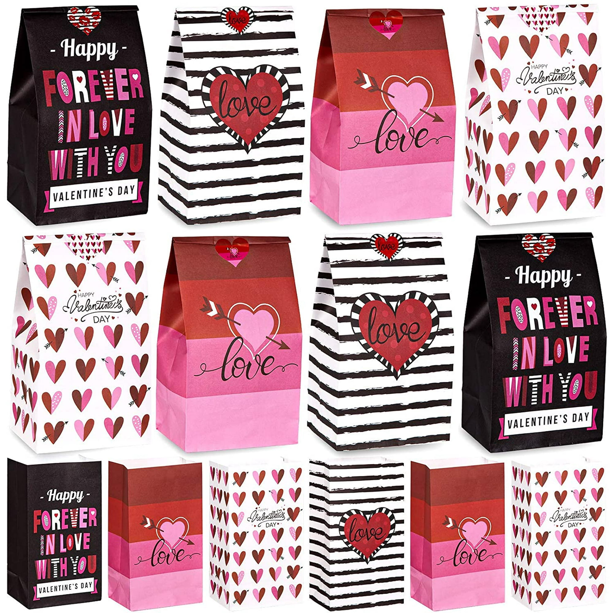 Happy Valentine's Day Paper Bags with 36 Heart Stickers Cartoon Love Kraft  Treat Bag 4 Designs Grocery Bag Goodie Bag Candy Gift Bag for Valentine  Wedding Party Supplies, Pink & Black 36