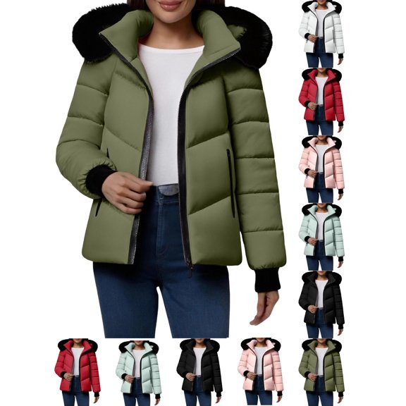 Women's Waterproof Zip Puffer with a Removable Hood and Collared Neckline Short Warm Snow Jacket Featuring Long Sleeves and Pockets