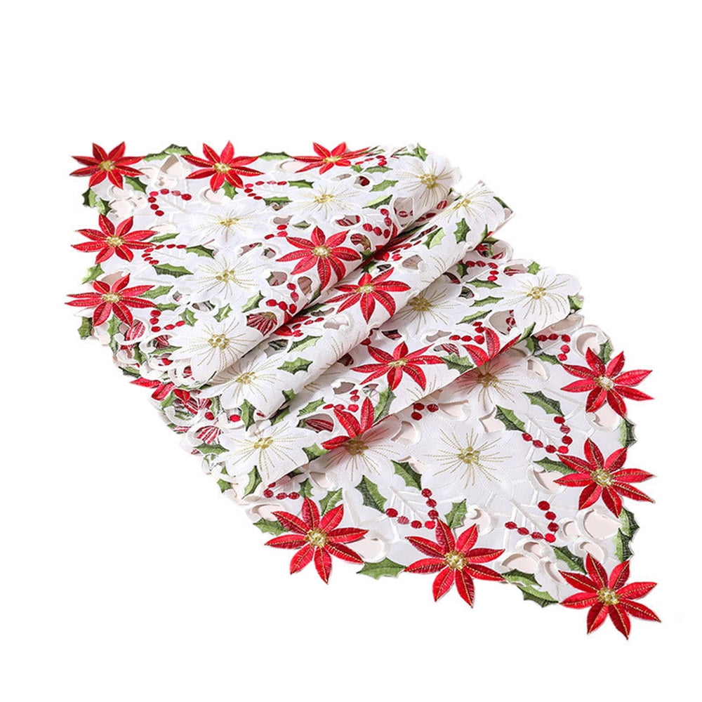 Christmas Embroidered Red Poinsettia 14" X 28"" Runner/Shelf Scarf 