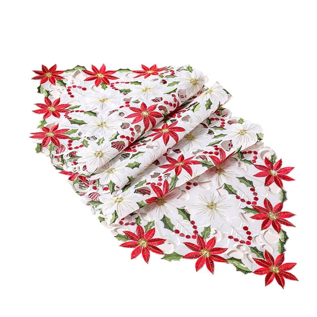 Christmas Embroidered Table Runners Poinsettia Holly Leaf Table Linens for Christmas Decorations,38*148CM