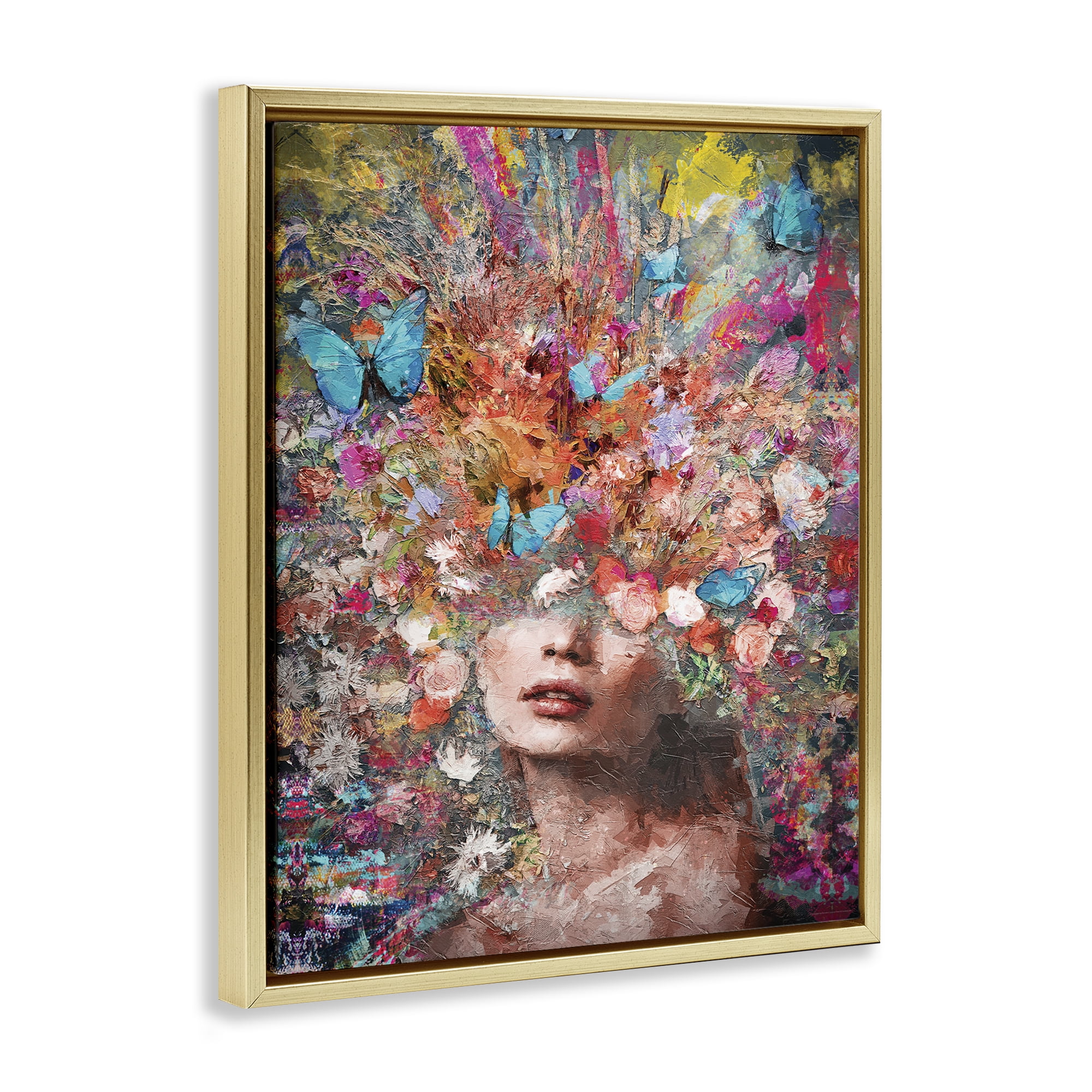 Stupell Industries Abstract Painterly Floral Face Animals Painting Gold Floater Framed Canvas Art Print Wall Art, 17 x 21