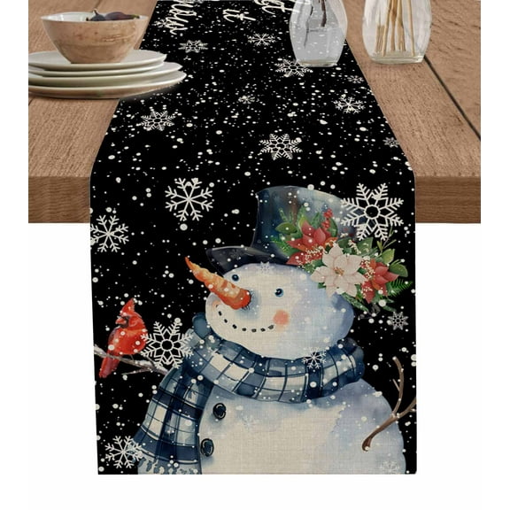 Black Snowman Christmas Burlap-Cotton Table Runner 72 Inches Long,Snowflake Birds Botanical Farmhouse Table Runners,Outdoor Dining Tablecloths Decor for Baby Shower Party Wedding 18x72