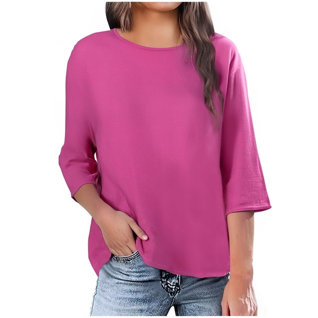Staron Chemises en Lin pour Femmes Col Rond Été Décontracté Tendance Habillé Tunique Couleur Unie Manches Courtes Blouses Basiques Business