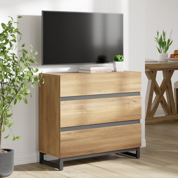 WAMPAT Modern TV Stand for TVs up to 40 inch, Entertainment Center TV Console with 3 Drawers and Metal Base, Media Console for Living Room, Bedroom, Oak