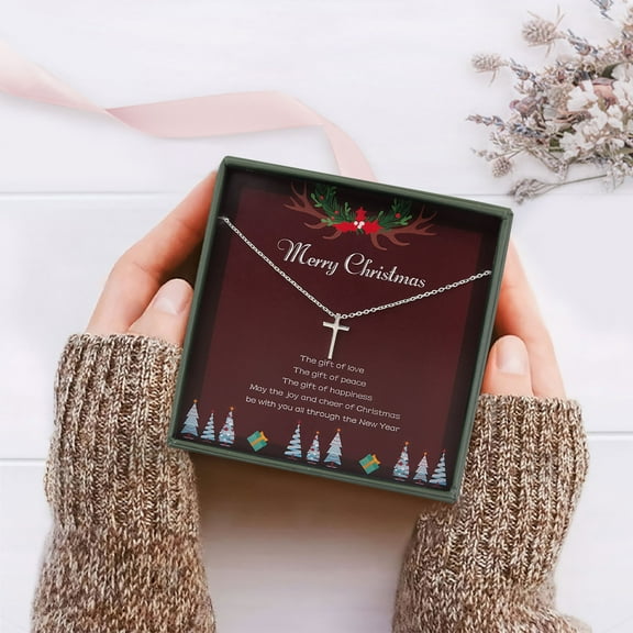 Anavia Merry Christmas Gifts for Daughter, Sterling Silver Cross Necklace, Ready to Gift Christmas Card Necklace for Niece