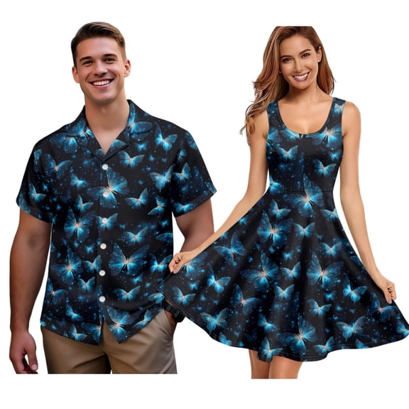 Jiueut Blue Butterfly Pattern Matching Hawaiian Outfits for Couples, Women's Casual Summer Flowy Sleeveless Crewneck Dress Men's Hawaiian Button Down Aloha Shirt, XS