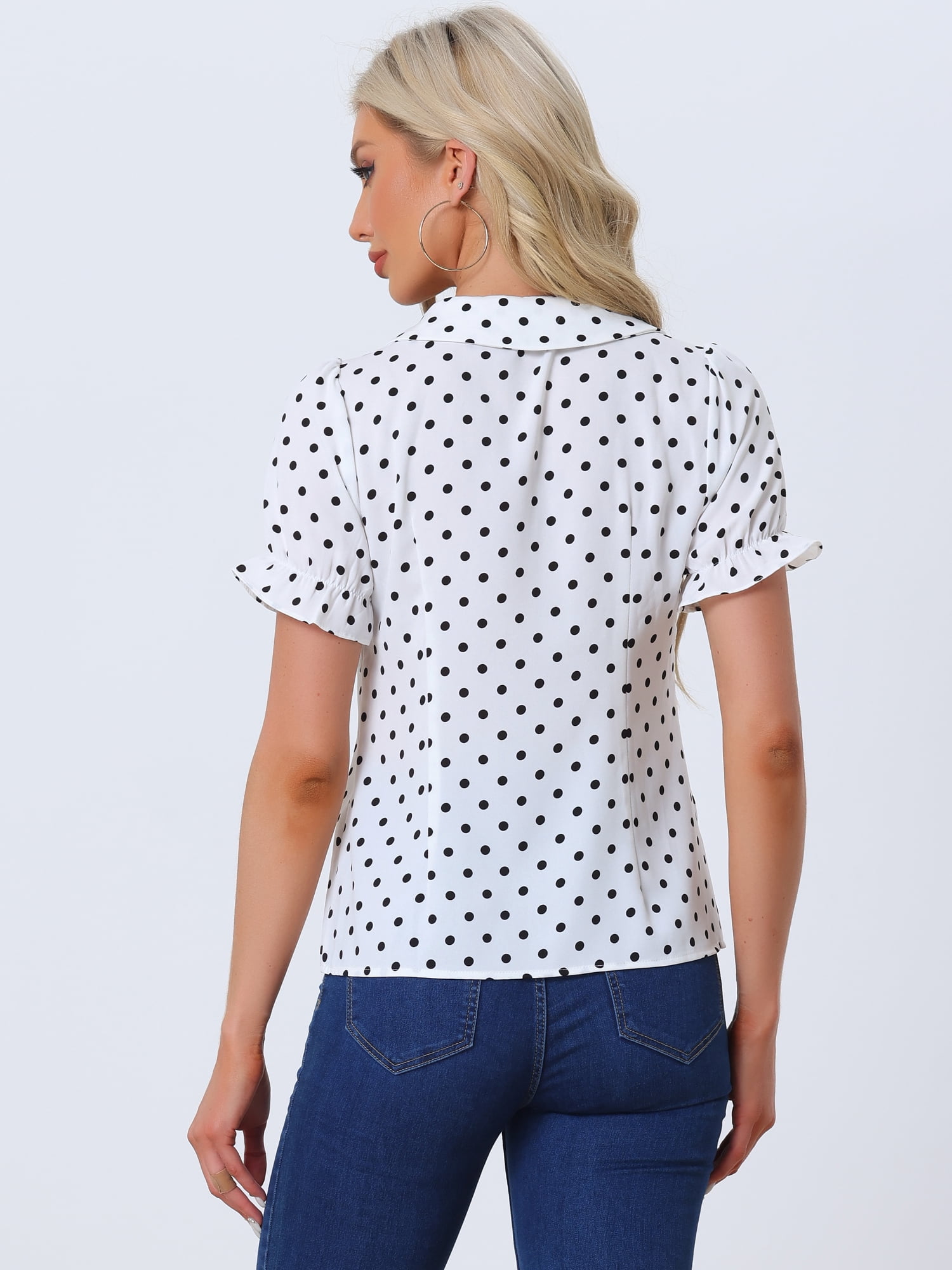 DARING DIVA Women's Polka Dots Doll Collar Puff Short Sleeve Shirts M White