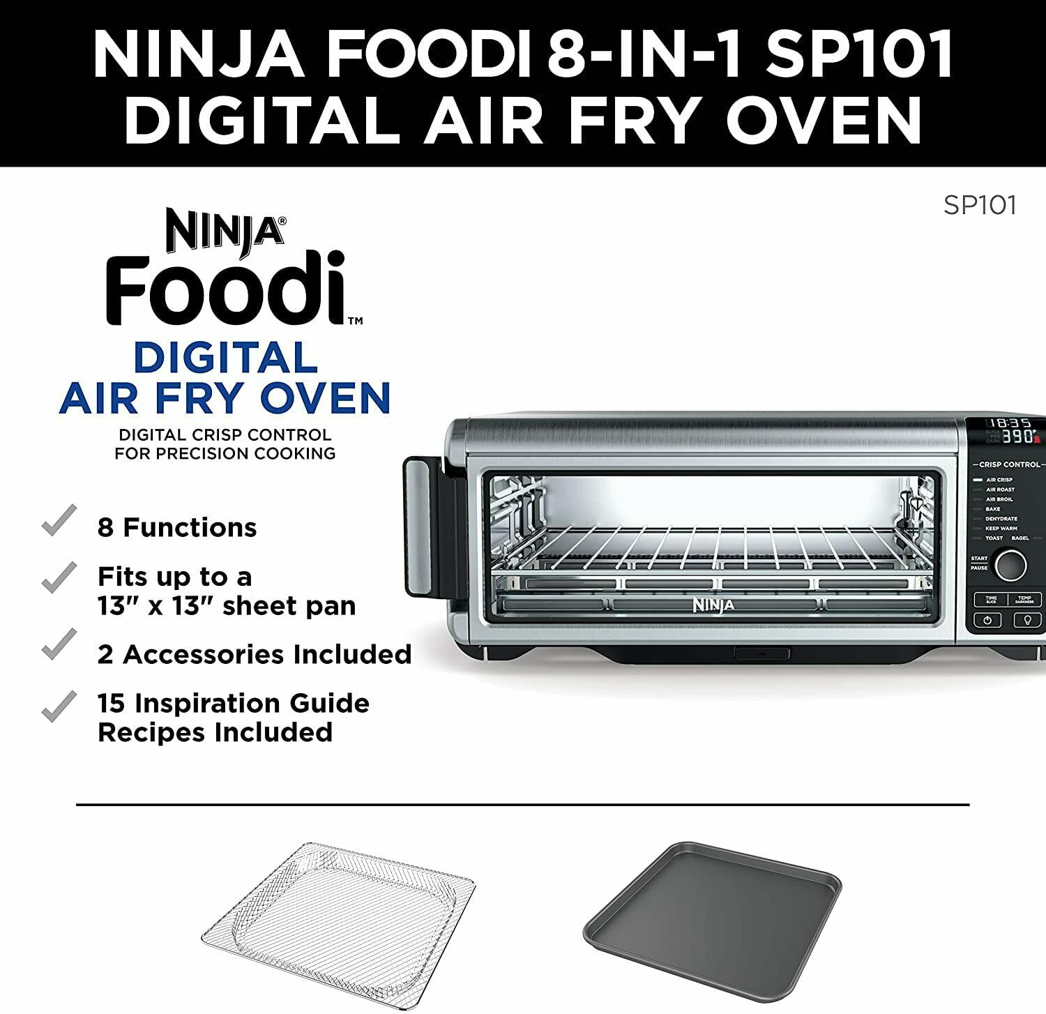 Ninja SP201 Digital Air Fry Pro Countertop 8-in-1 Oven, Extended Height (Refurbished)
