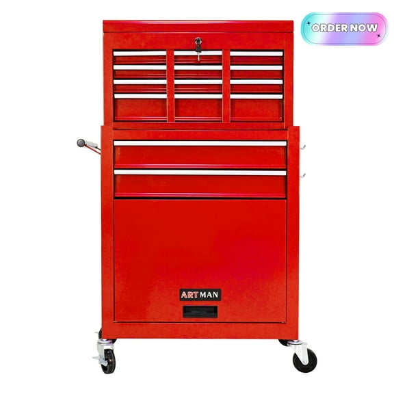 Tcbosik Rolling Tool Chest with 8 Storage Drawers, Tool Box Organizer with Lockable Wheels, Sliding Drawers and Detachable Top, Garage Workshop Tool Cabinet, Red