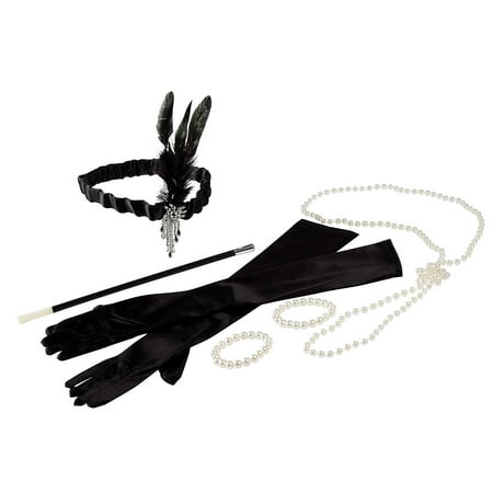 1920s Costume Accessory - 6-Set Gloves Headband Faux Pearl Necklace Bracelet Cigarette