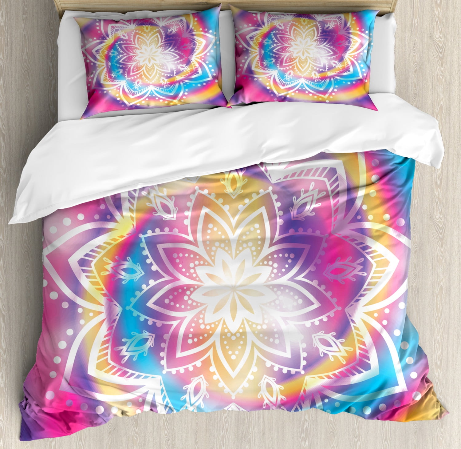 Rainbow Mandala Queen Size Duvet Cover Set, Middle Eastern Mandala Design with Spiral Stripes Colorful Blur Background, Decorative 3 Piece Bedding Set with 2 Pillow Shams, Multicolor, by Ambesonne