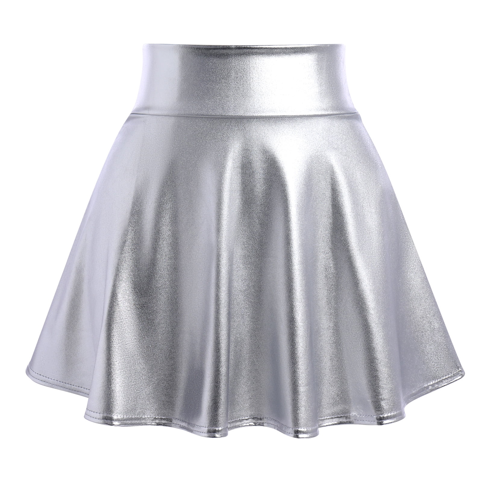 Women's 3Piece Metallic Outfit Shiny Crop Top Silver Flared