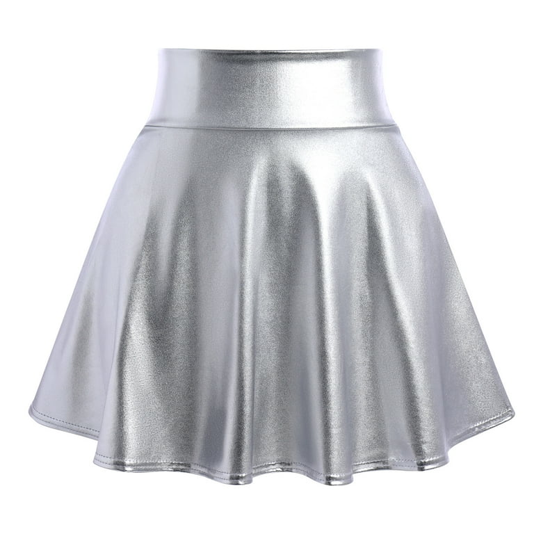 Women's 3Piece Metallic Outfit Shiny Crop Top Silver Flared