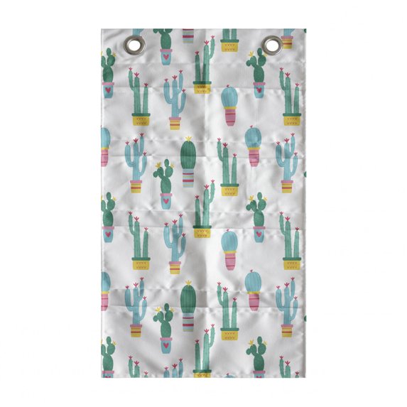 Cactus Hanging Pocket Organizer, Continuous Pattern with Cartoon Prickle Plants in Pots, Printed Polyester Storage Bag with Pockets, 21" x 31", Multicolor