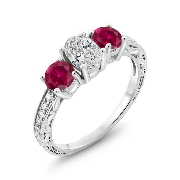 Gem Stone King 10K White Gold Lab Grown Diamond and Red Created Ruby 3 Stone Engagement Ring for Women | 1.98 Cttw | DEF Color | VVS-VS Clarity (Size 6)