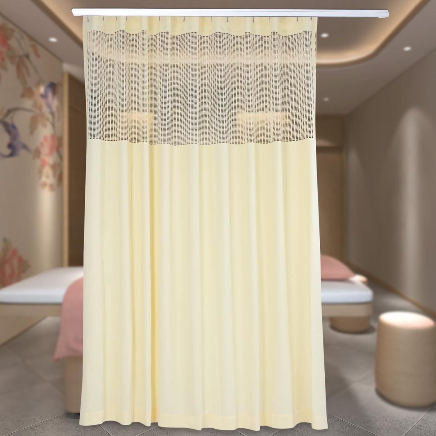 Room Divider Curtain for SPA, Privacy Cubicle Curtain with Mesh Top, 1 Panel, 15ft Wide x 8ft Tall Grommet Curtain