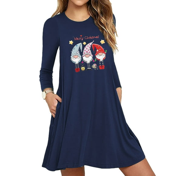 jsaierl Christmas Dresses for Women Gnomes Print Long Sleeve Dress Holiday Casual Crewneck Flowy Mini Dress for Christmas Party 2024