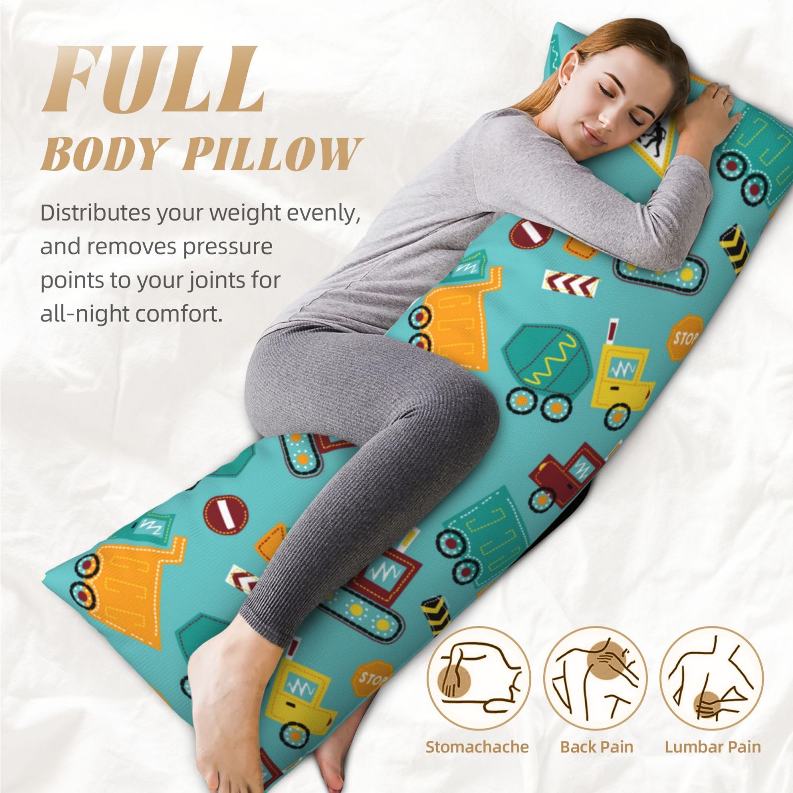 Naloa Trucks And Excavators Super Soft 20x60 Body Pillow Case,Long Side Hidden Zipper（PILLOWS ARE NOT INCLUDED）
