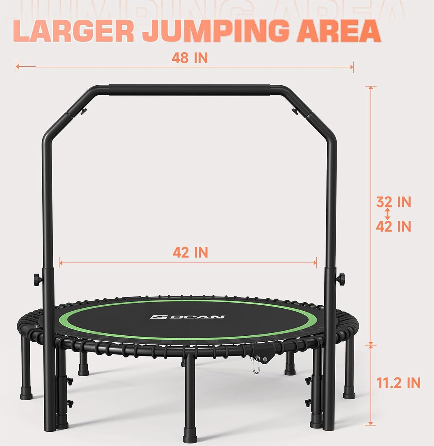 BCAN 550 LBS Foldable Mini Trampoline, 48" Fitness Trampoline with Bungees, Stable & Quiet Exercise Rebounder for Kids/Adults