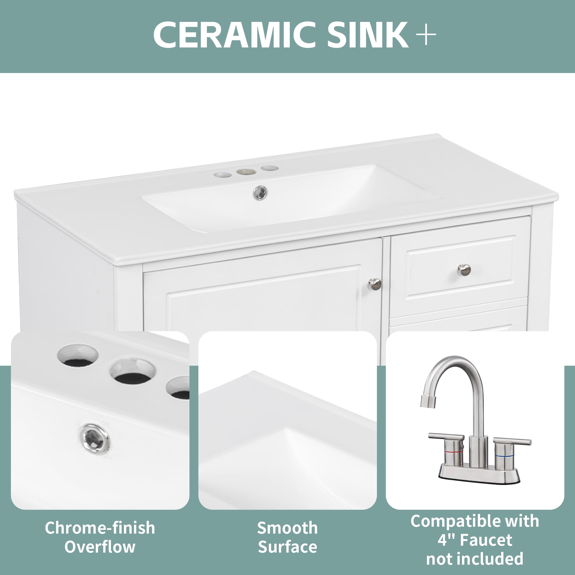 Harper & Bright Designs 36" Bathroom Vanity with Ceramic Sink, Free Standing Single Basin Vanity Set with 3 Drawers & Cabinet with Shelves, Bathroom Sink Storage Cabinet, White