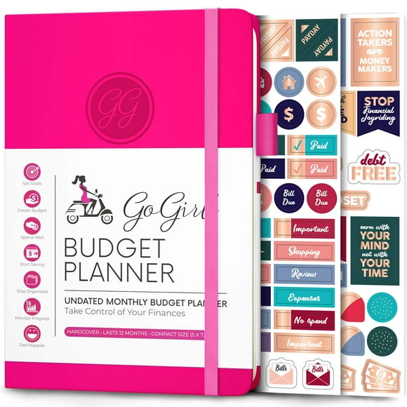 gogirl Planificateur Budget et Organisateur de Factures Mensuel - Organisateur de Planificateur Financier Livre de Budget pour Contrôler Votre Argent Non Daté - Commencer à Tout Moment, 53 x 77, Dure 1 An - Rose Vif