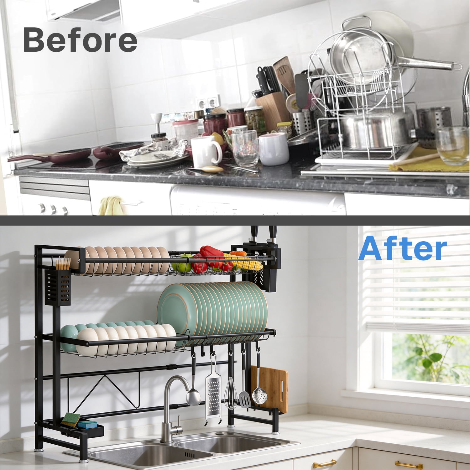 Behome Over The Sink Dish Drying Rack, 24.4-39.37"L x 11"W x 28.74"H (Expandable Length) 2 Tier Adjustable Stainless Steel Large Kitchen Dish Rack with Suction Cup, Snap-On Design, Black