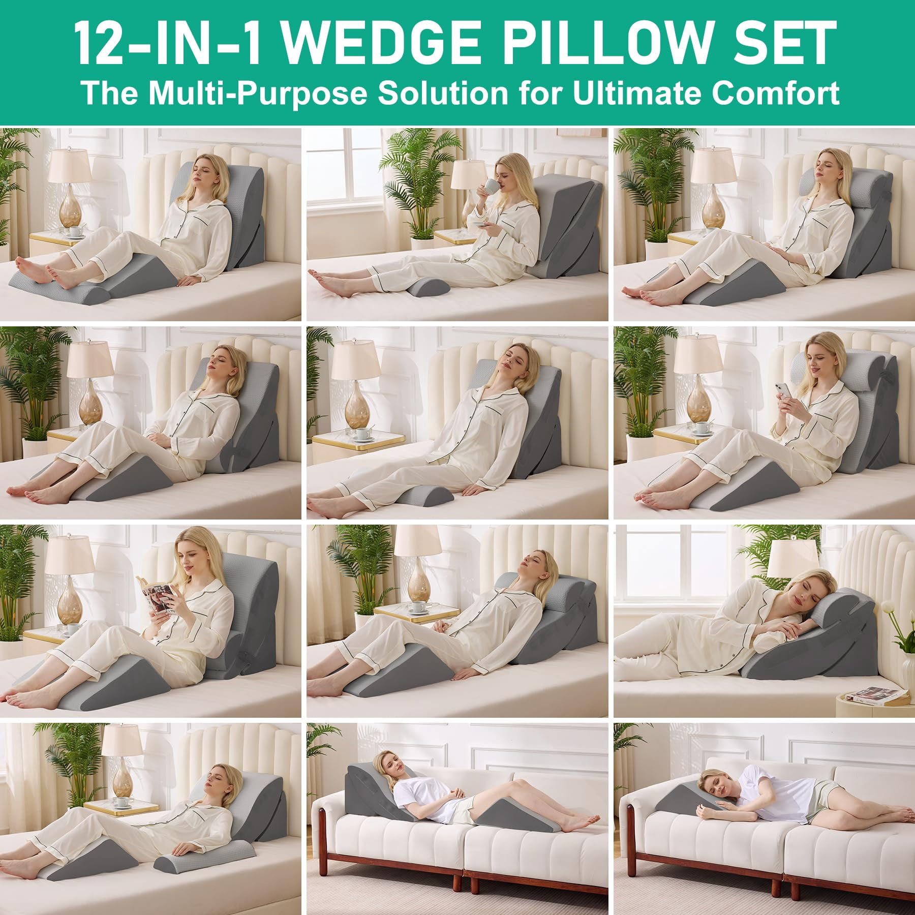 4pcs Wedge Pillow Set For After  Bed Sitting Up In Acid Reflux Adjustable Pillows Grey