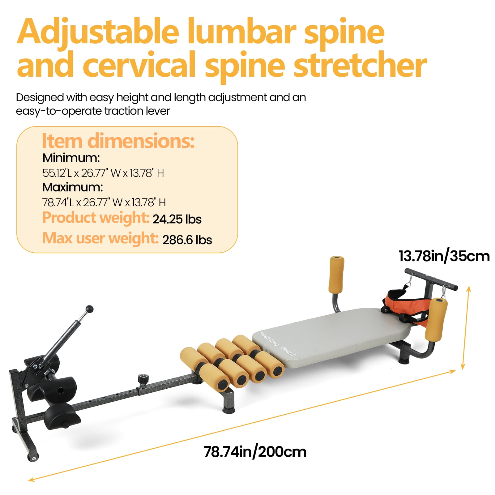 Lumbar Decompression & Cervical Traction Table - Adjustable Length Back Stretch Bench with Foam Rollers, 330lb Weight Capacity for Spinal Relief