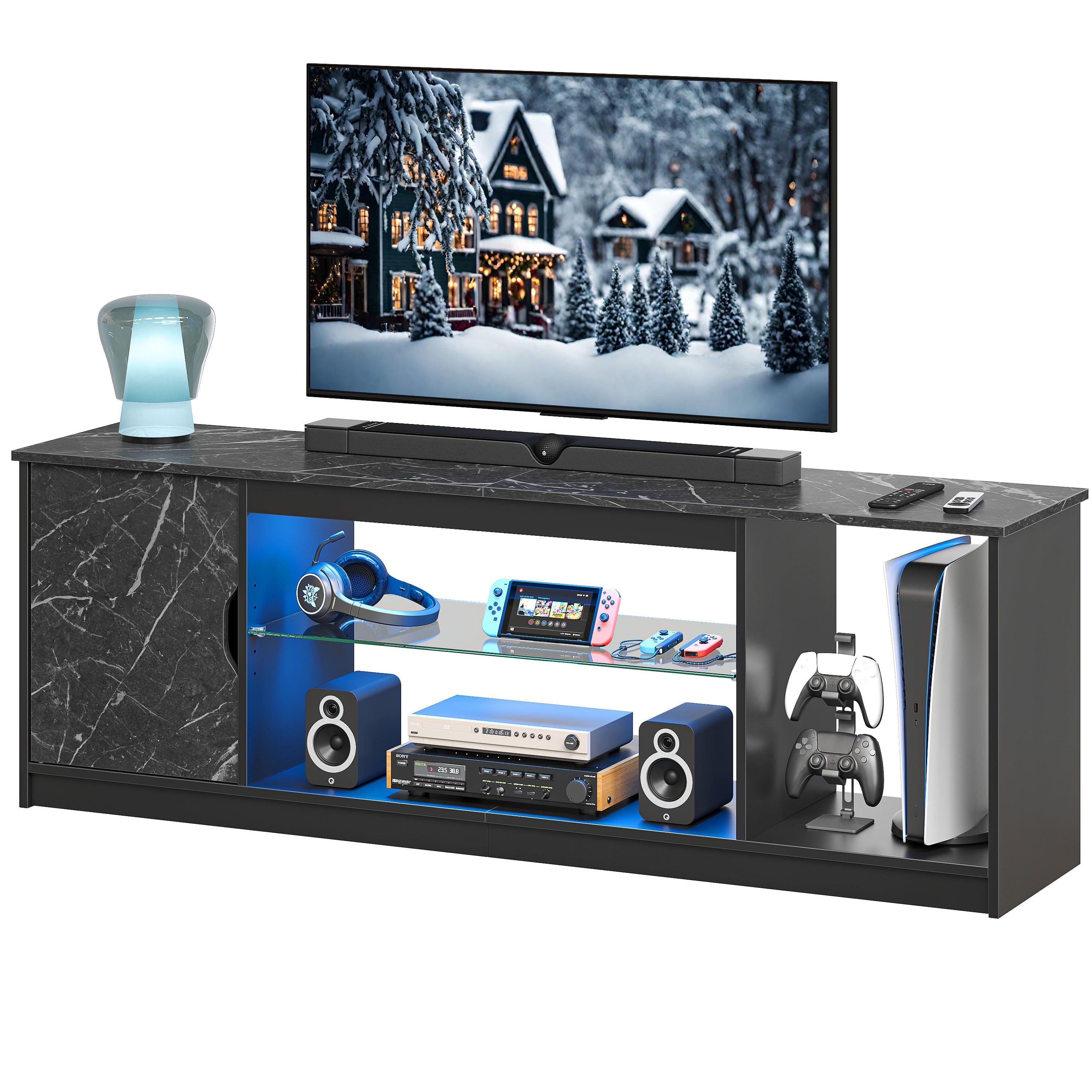 Bestier LED TV Stand for 60/65 inch TV PS5 Gaming Entertainment Center for TVs with Storage Cabinet for Living Room, Black Marble