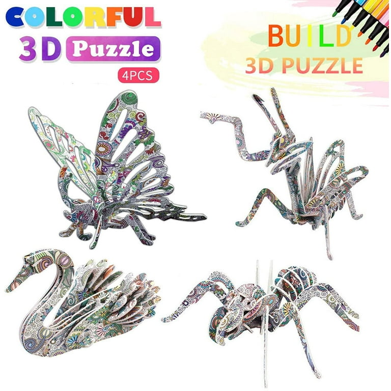 3d Coloring Puzzle Set, 4 Animals Painting Puzzles With 12 Pen