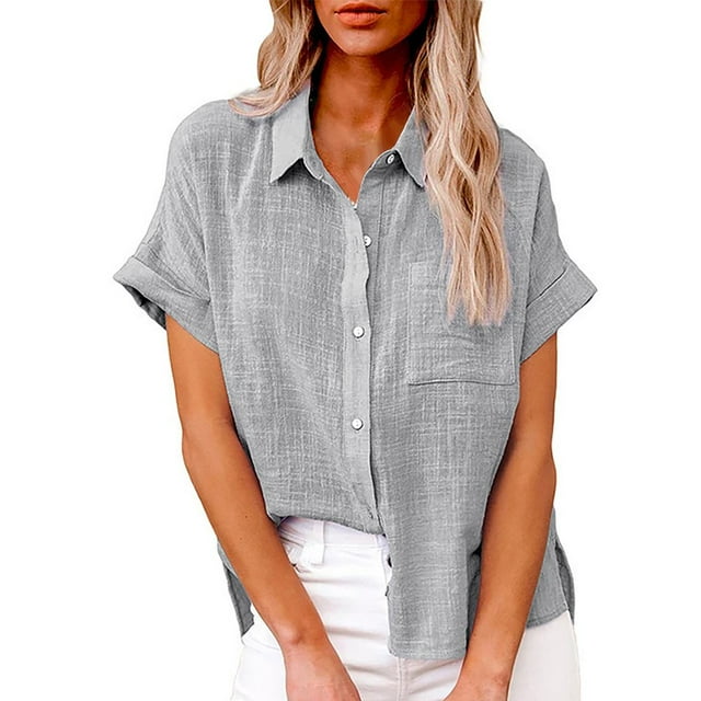 CHOK Clearance Sales Womens Casual Short Sleeve Button Down Shirts Summer Plain Top Blouses with Pockets Womens Short Sleeve Button Down Shirts Official Collar Blouse Basic Simple Dress S