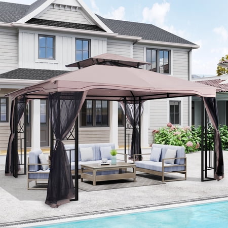 COVERONICS 10' x 12' Patio Gazebo Outdoor, Double Roof Outdoor Gazebo with Netting, Metal Frame Gazebo Waterptoof for Deck Backyard Lawn,Garden(Taupe)