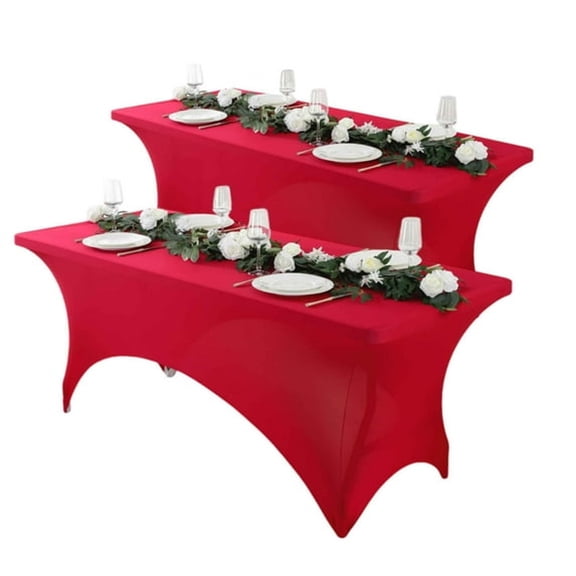 AUQ 2 Pack 8Ft Red Spandex Tablecloth – Fitted Table Cloths – Stretch Tablecloth Universal Fit for Folding Tables – Wrinkle-Free,Washable – Ideal for Parties,Weddings,Events