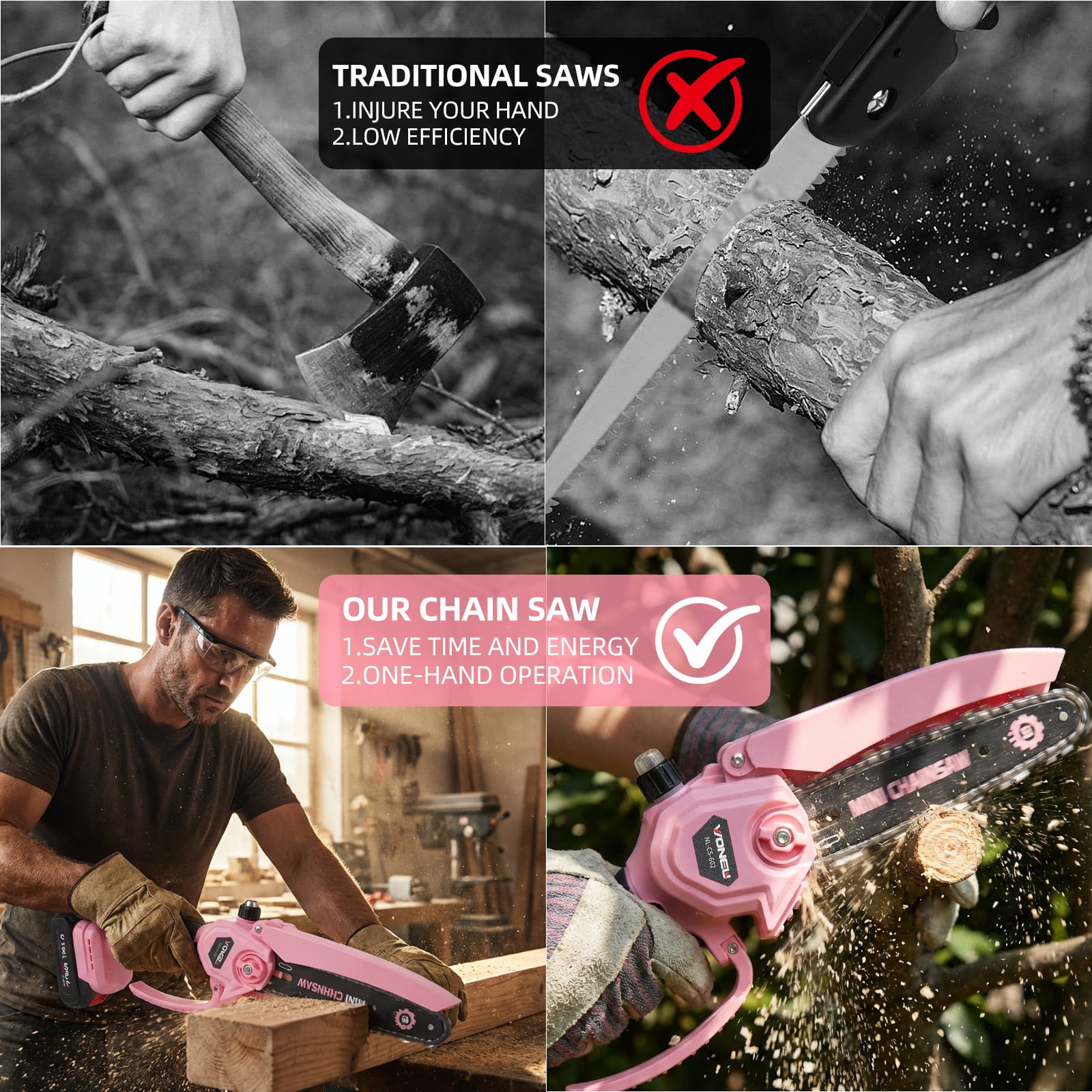 ZLieatmp 6-inch Electric Chainsaw，Handheld Mini Chainsaw for Wood Cutting Tree Trimming Includes 2 Chains & 2 Batteries, Pink