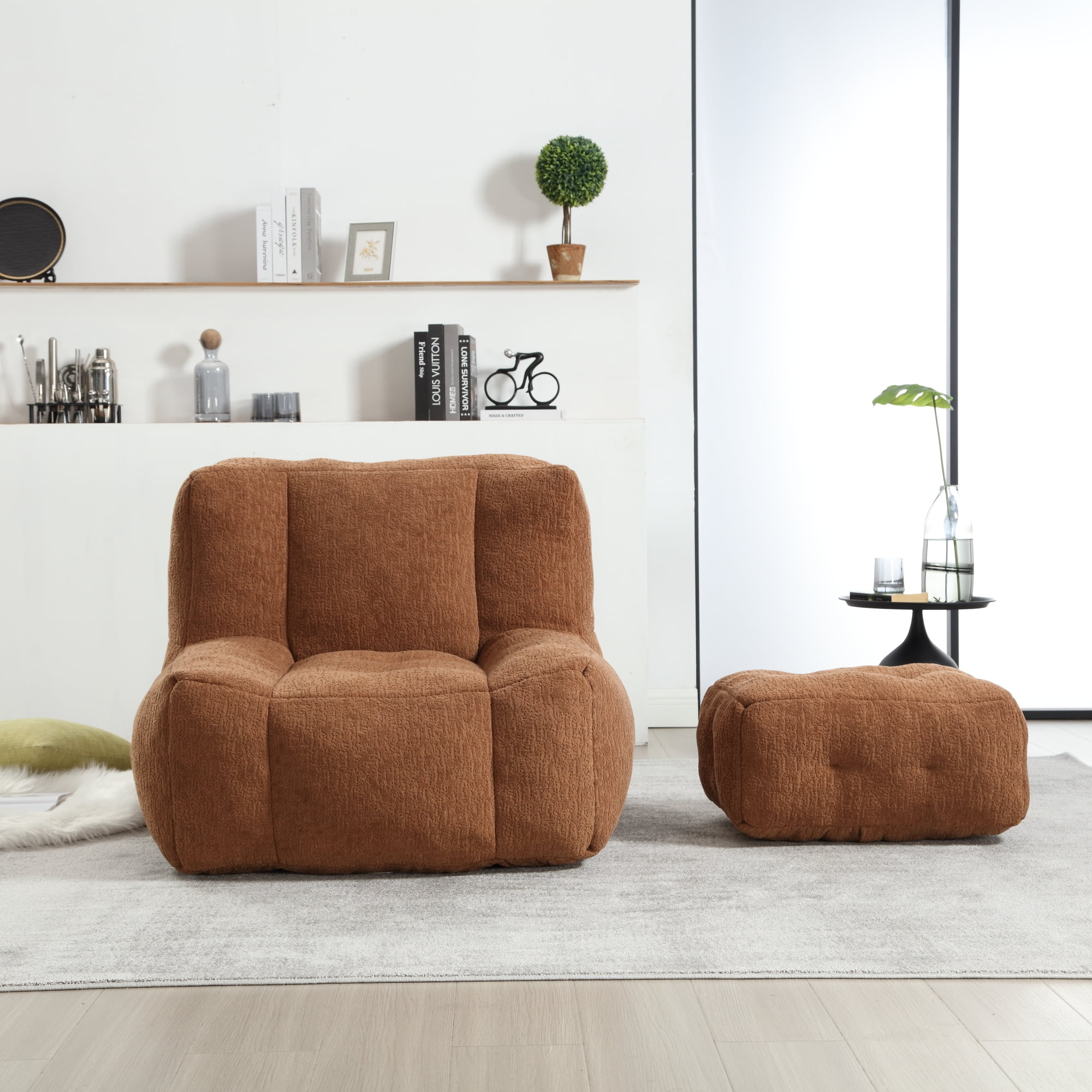 Accent Chair with Ottoman Set,Modern Velvet Bean Bag Chair for Adults and Childs,Upholstered Lazy Sofa Chair Armchair for Living room, Bedroom, Apartment,Brown