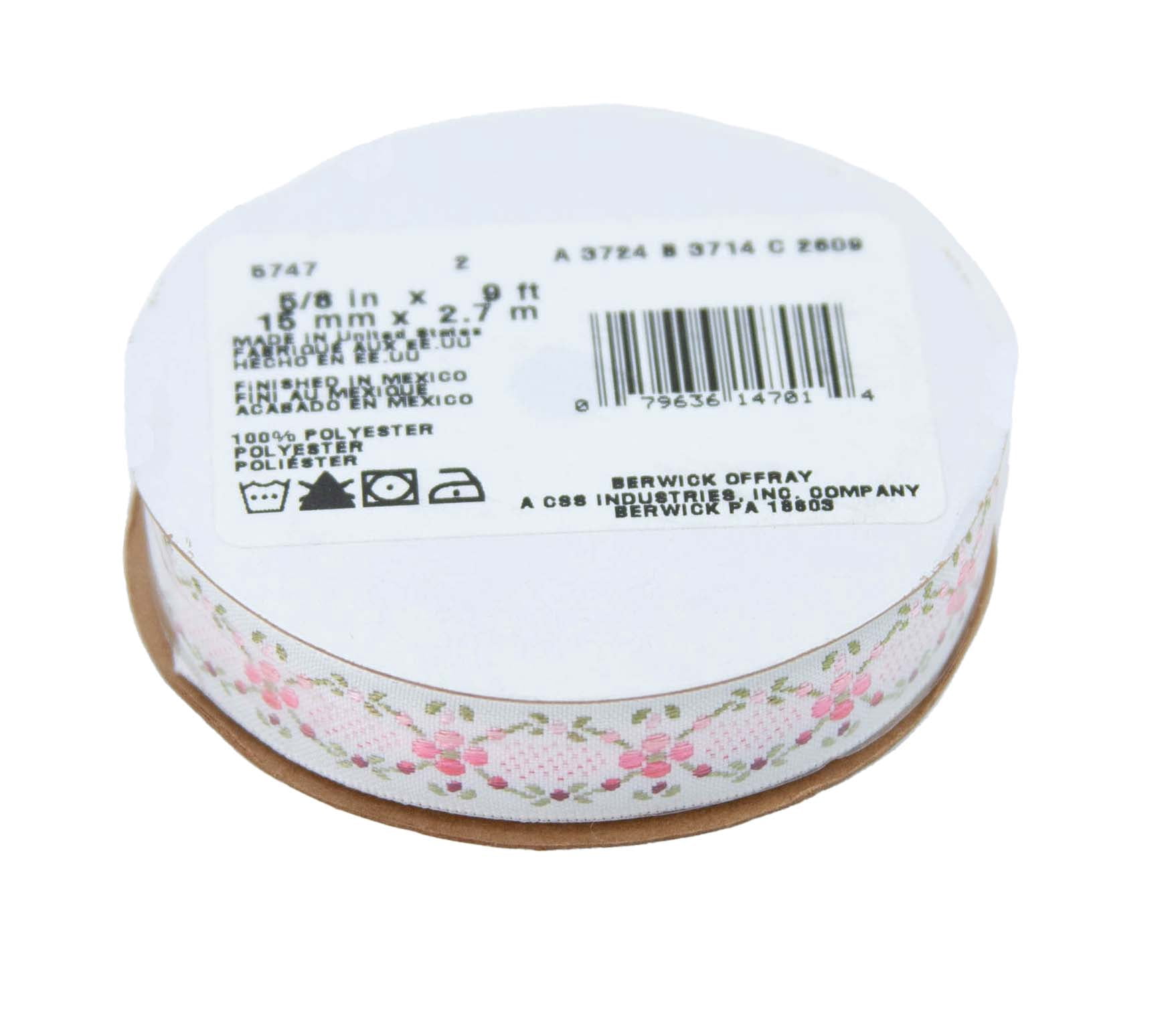 Offray Ribbon, White 5/8 inch Rose Jacquard Ribbon, 9 feet