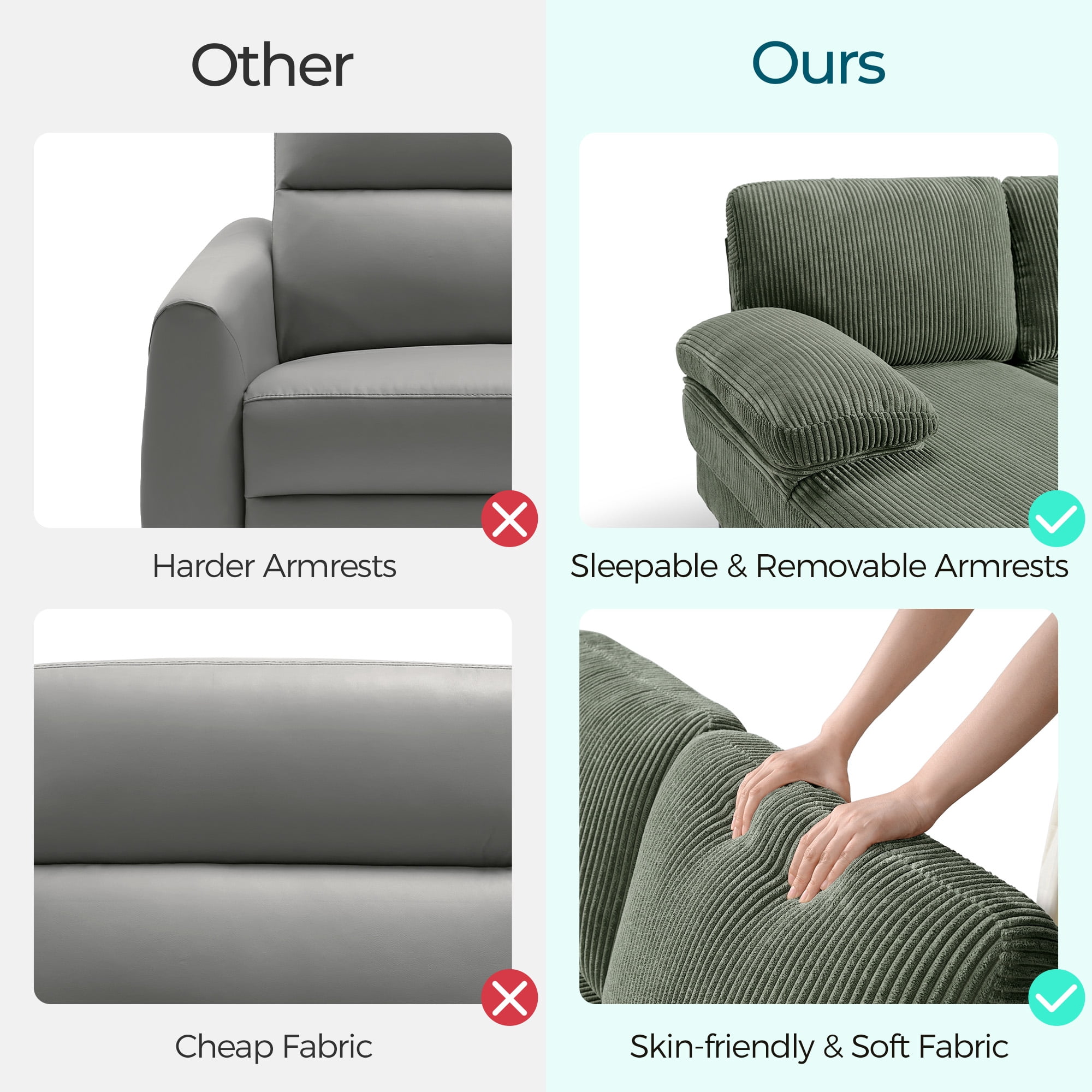 Linsy Home Sectional Sofa for Living Room, U-Shaped Sofa Couch with Corduroy Fabric, 4 Seat Sofa Set with Double Chaise for Apartment, Army Green