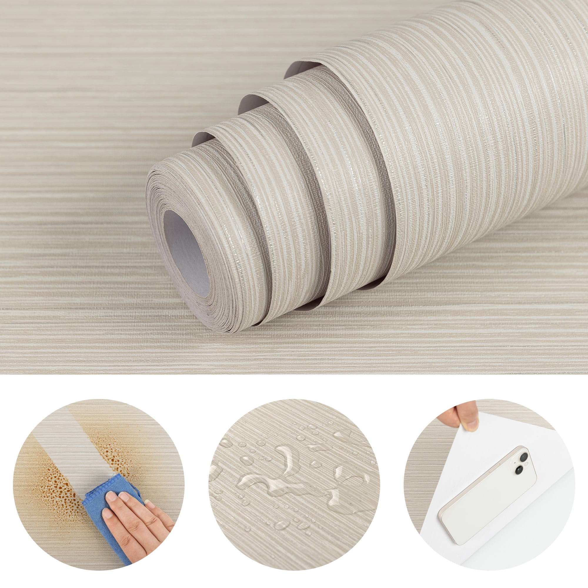 Abyssaly 17.7" x 393.7" Beige/Silver Grasscloth Peel and Stick Wallpaper Self-Adhesive Texture Wallpaper Removable Vinyl Film Solid Color Wallcovering Wall Paper for Furniture Wall